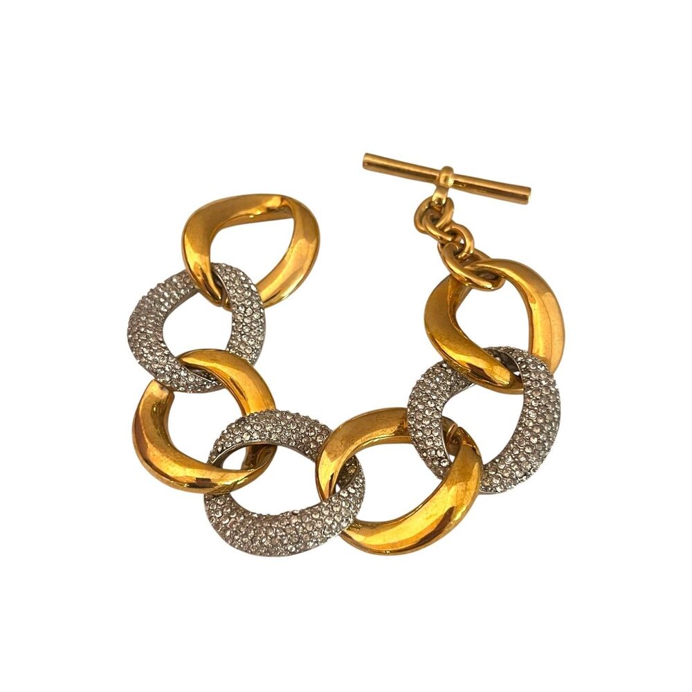 Vintage 1980s Crystal Pavé Statement Link Bracelet Gold Tone Toggle - 9P